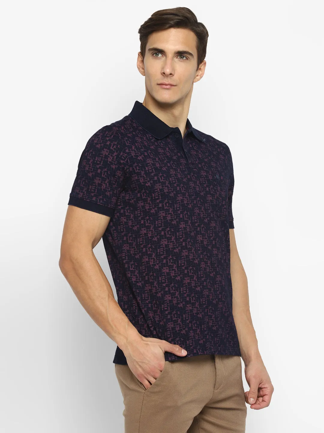 100% Cotton Navy Blue Printed Polo Neck Half Sleeve Casual T-Shirt