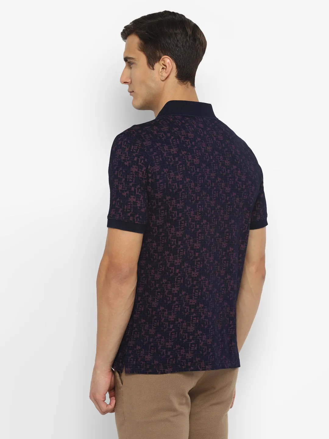 100% Cotton Navy Blue Printed Polo Neck Half Sleeve Casual T-Shirt