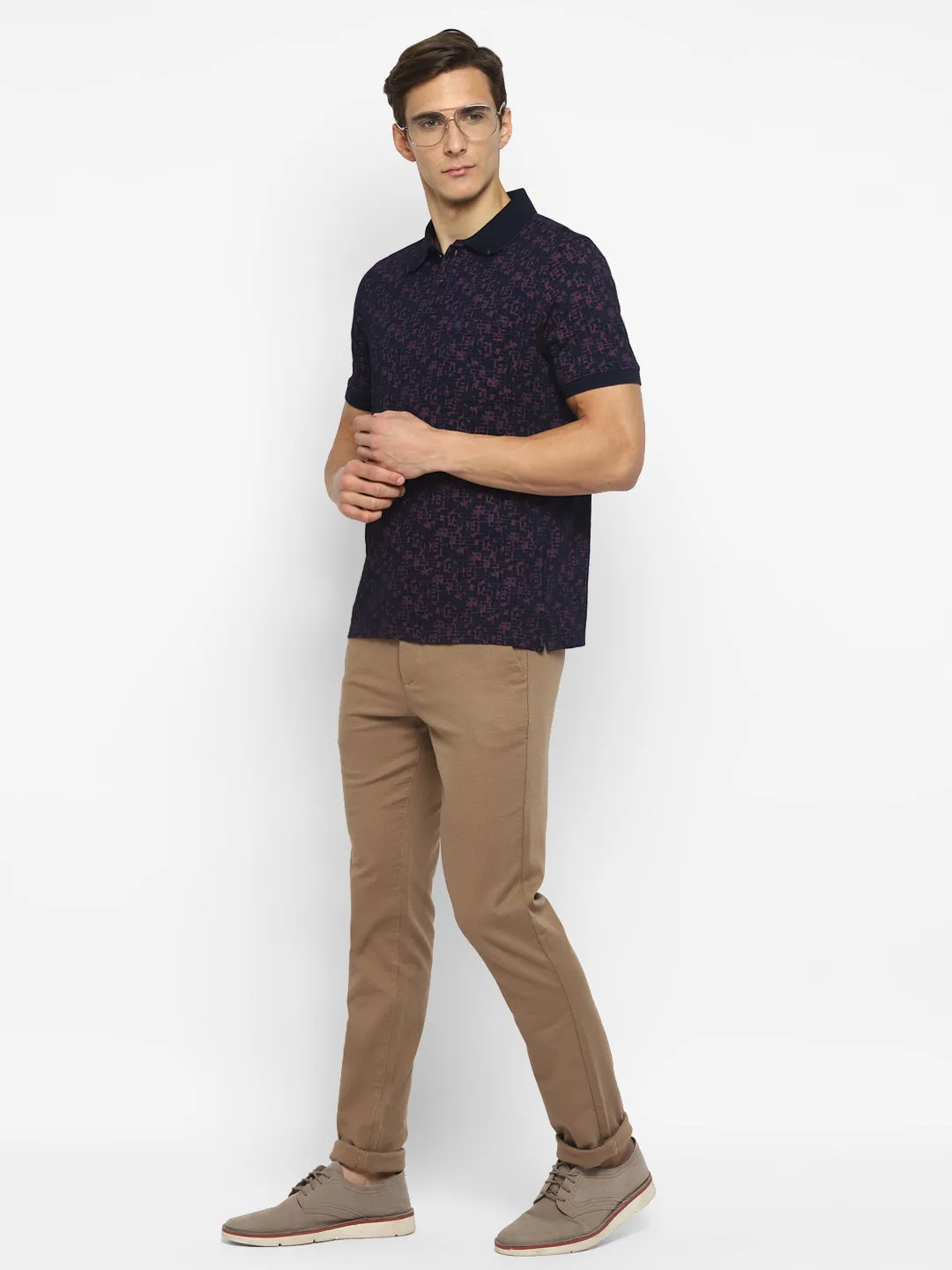 100% Cotton Navy Blue Printed Polo Neck Half Sleeve Casual T-Shirt