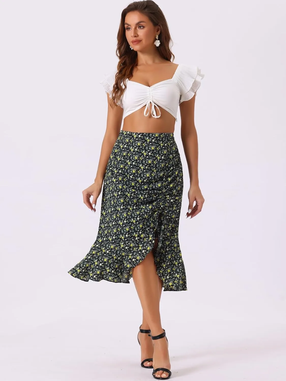 Allegra K Floral Midi Skirt for Women's Summer Casual Drawstring Side Ruffled Skirts