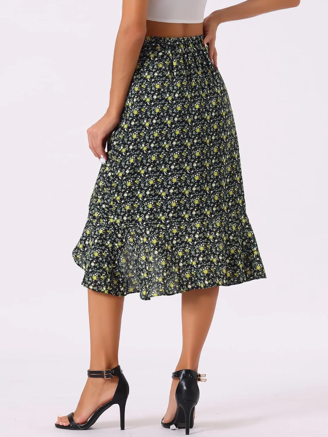 Allegra K Floral Midi Skirt for Women's Summer Casual Drawstring Side Ruffled Skirts