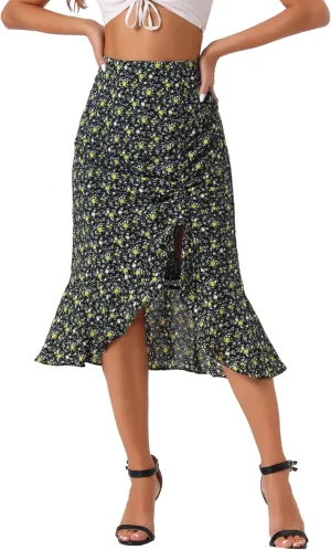 Allegra K Floral Midi Skirt for Women's Summer Casual Drawstring Side Ruffled Skirts