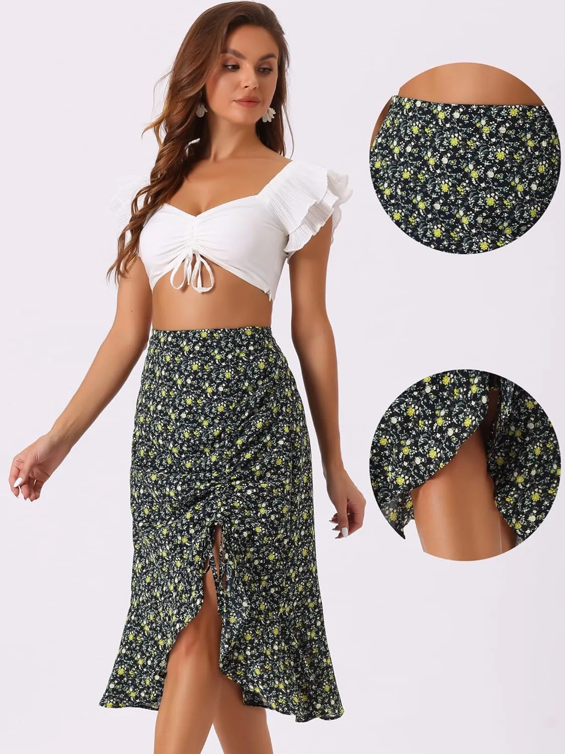 Allegra K Floral Midi Skirt for Women's Summer Casual Drawstring Side Ruffled Skirts