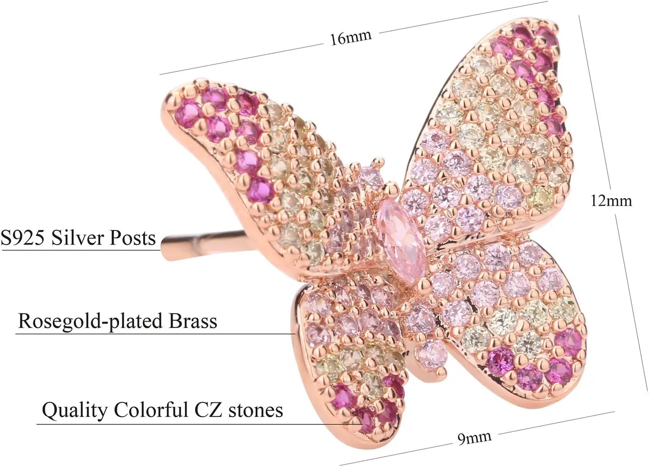 ANN BABIC CZ Butterfly Stud Earrings for Women - Cubic Zirconia Paved Butterfly Earrings - Butterfly Earrings Plated in Gold