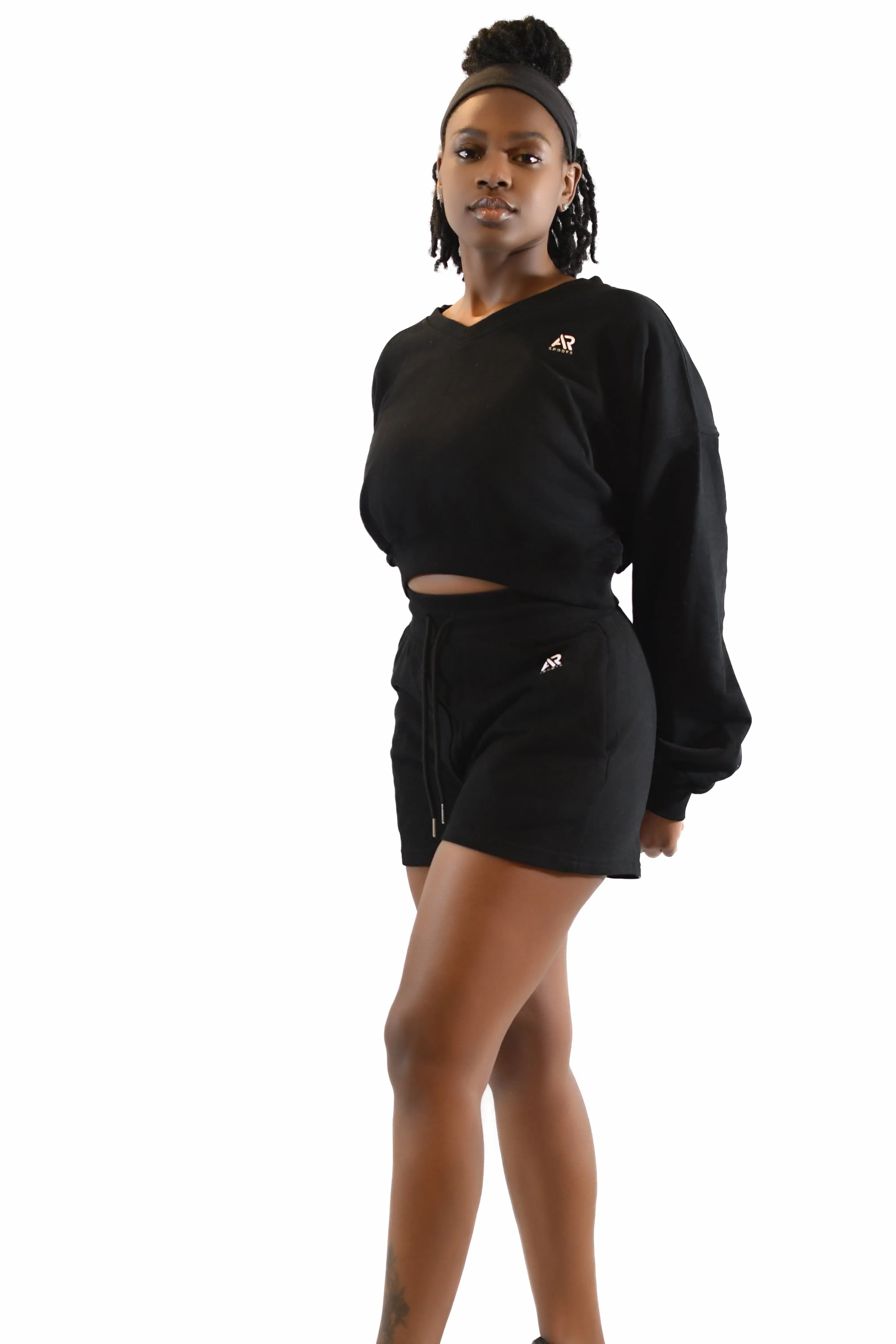 AR Sportswear 2Pcs Women's V-neck Sweatshirt Long Sleeves Crop With Matching Shorts
