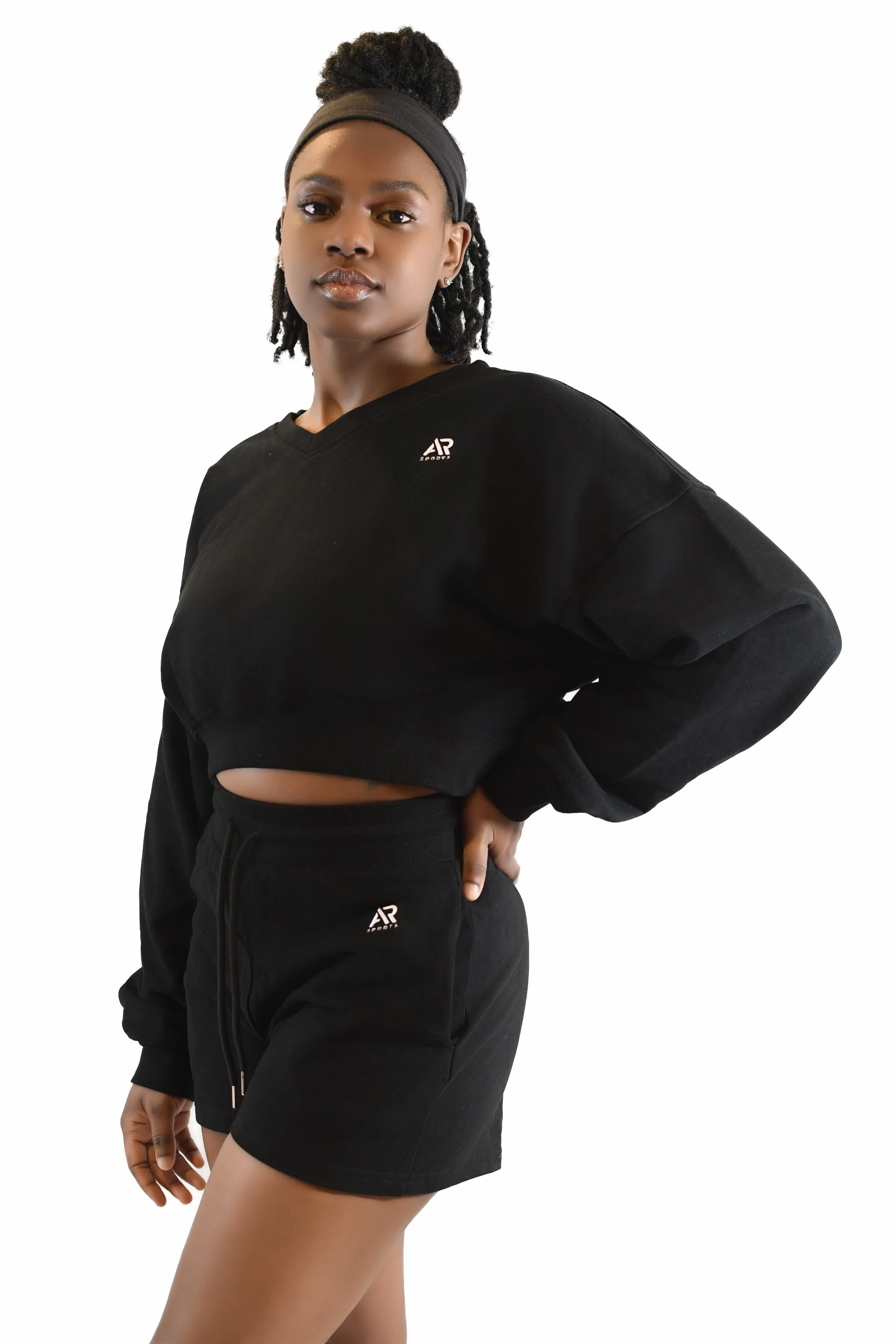 AR Sportswear 2Pcs Women's V-neck Sweatshirt Long Sleeves Crop With Matching Shorts