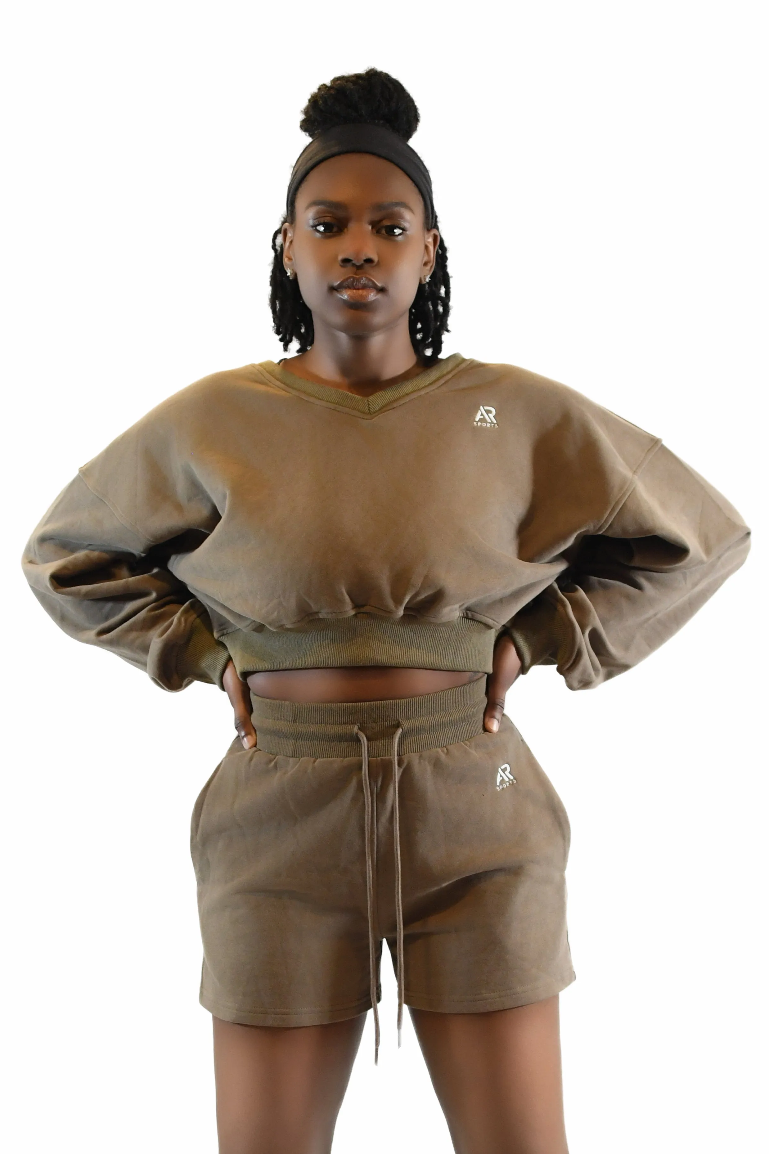 AR Sportswear 2Pcs Women's V-neck Sweatshirt Long Sleeves Crop With Matching Shorts