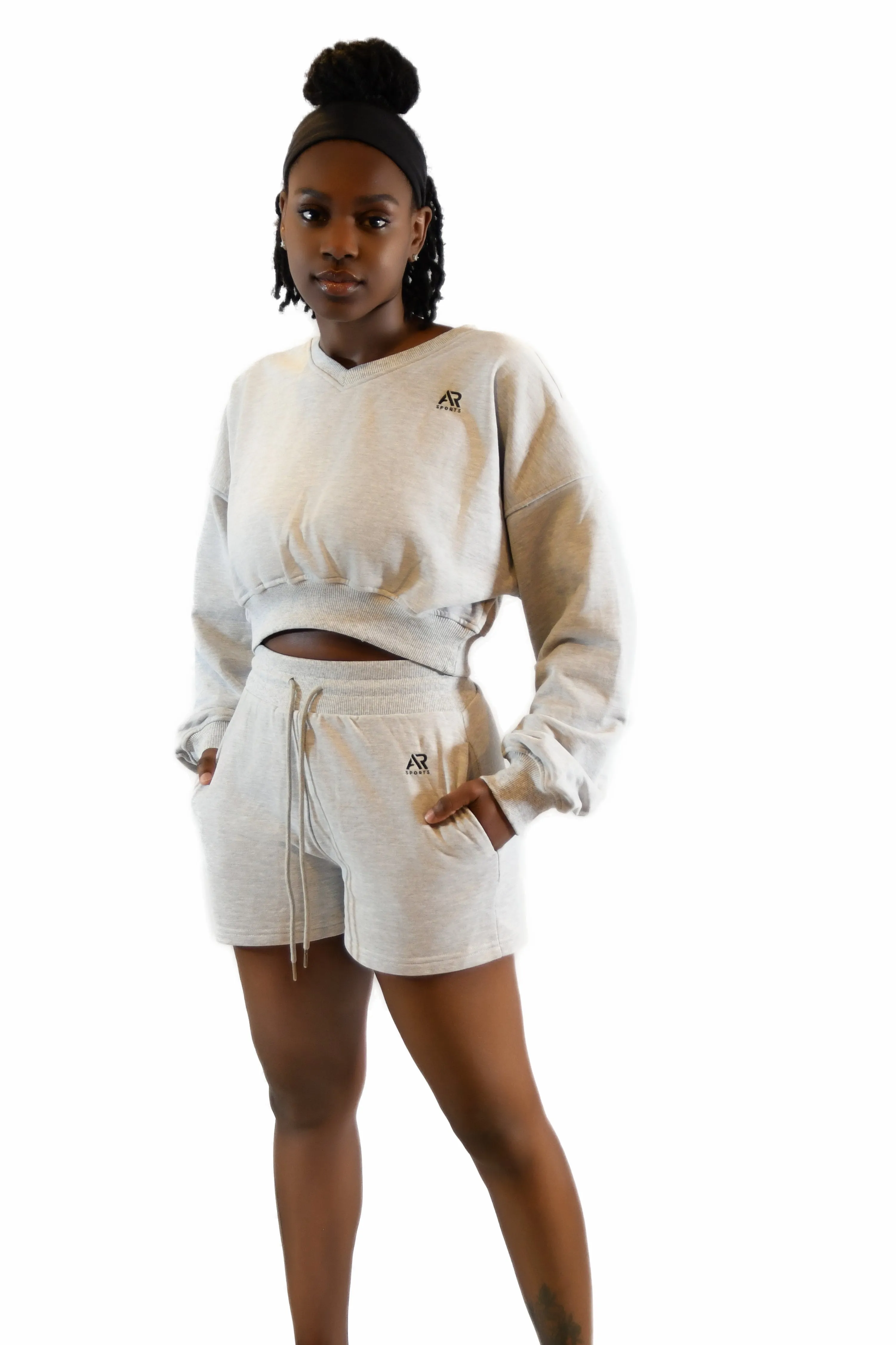 AR Sportswear 2Pcs Women's V-neck Sweatshirt Long Sleeves Crop With Matching Shorts