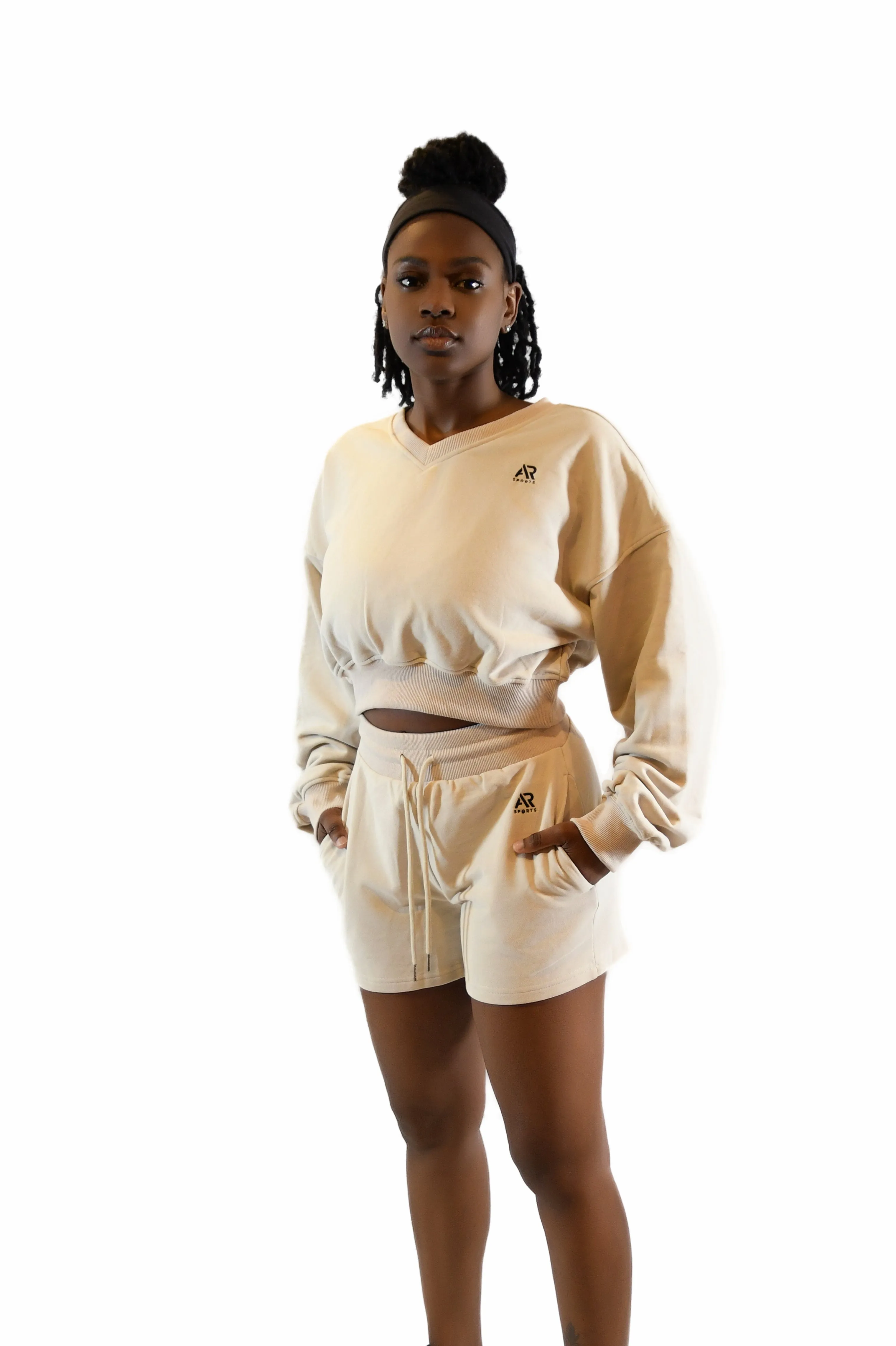 AR Sportswear 2Pcs Women's V-neck Sweatshirt Long Sleeves Crop With Matching Shorts