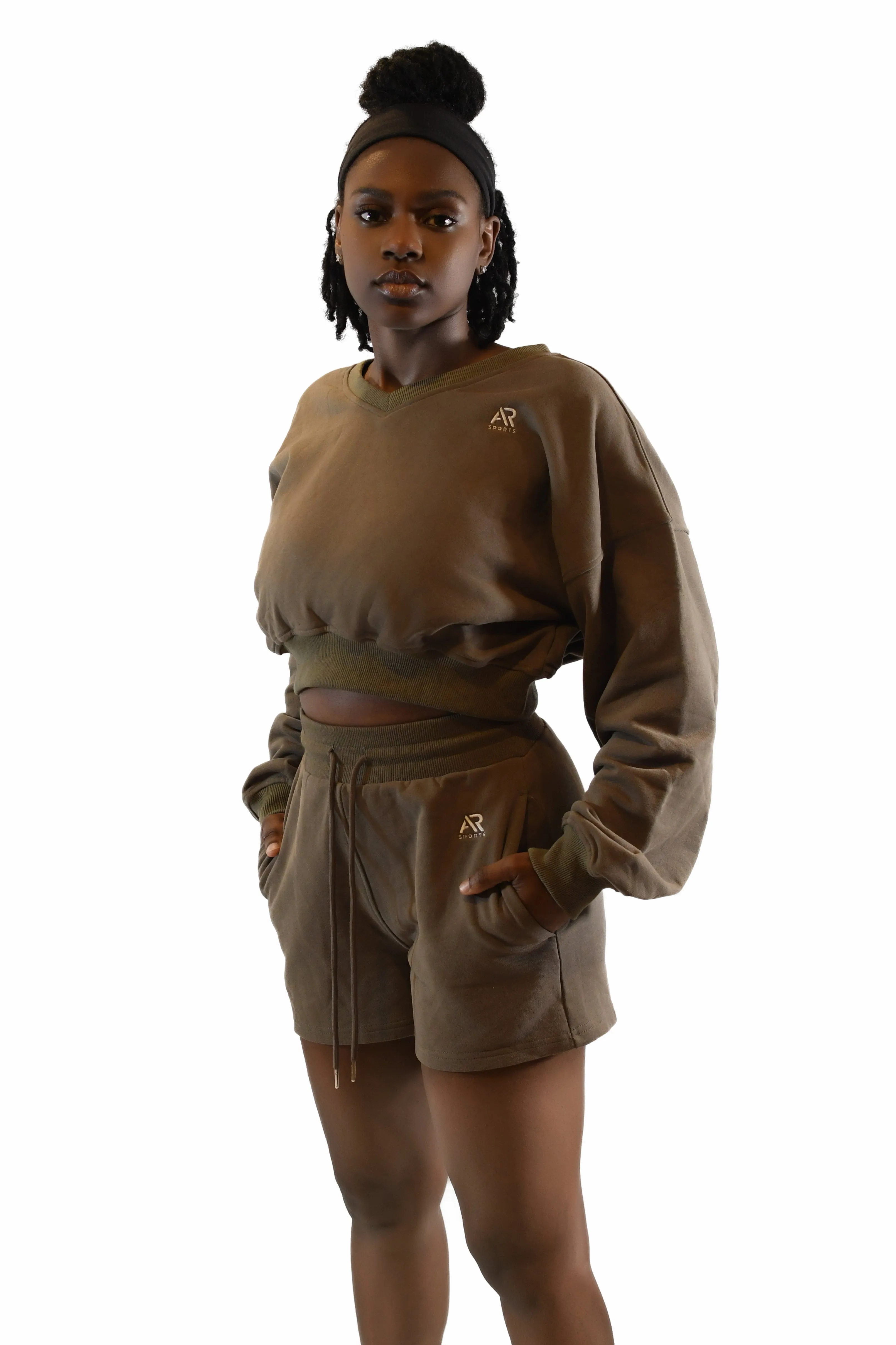 AR Sportswear 2Pcs Women's V-neck Sweatshirt Long Sleeves Crop With Matching Shorts