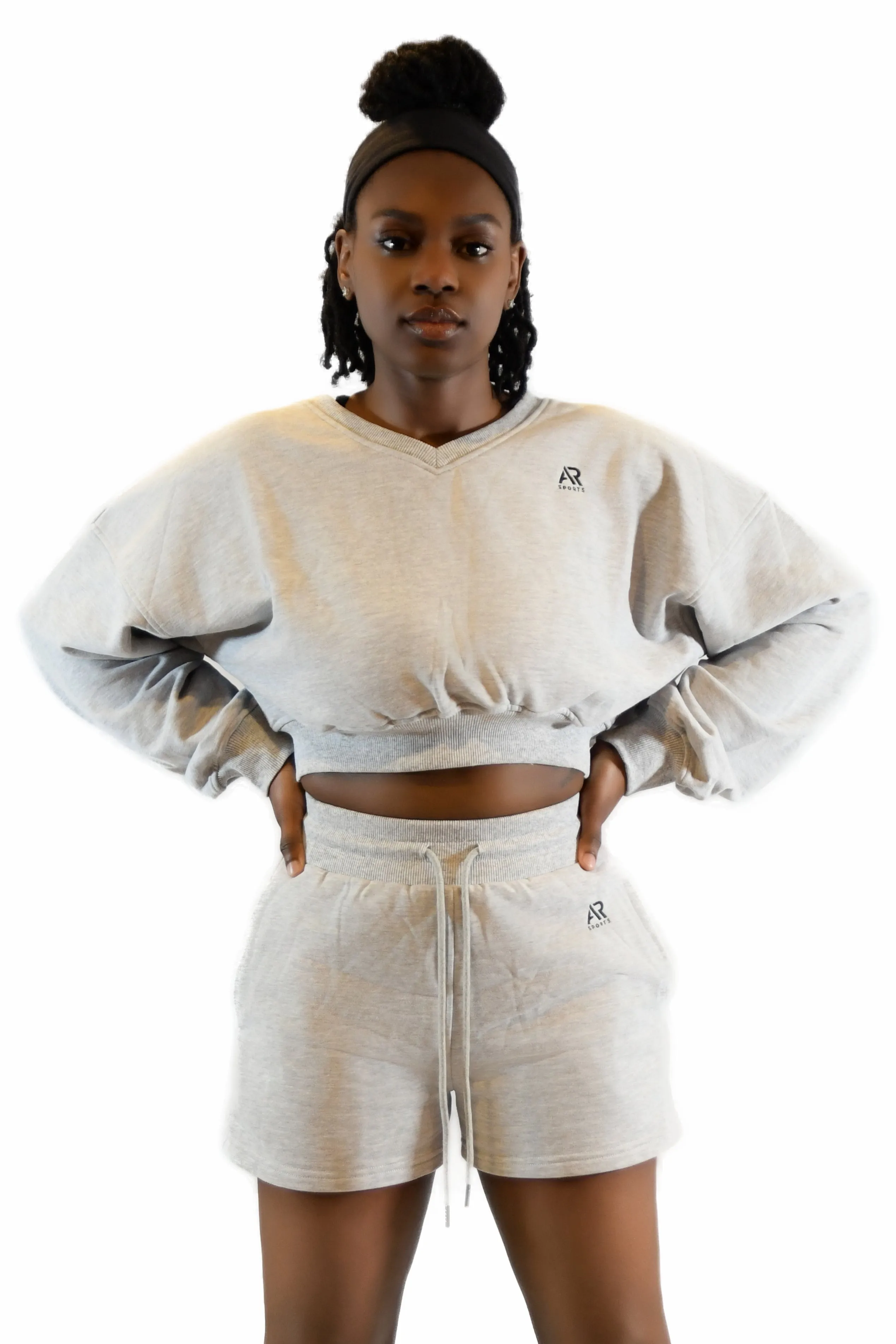 AR Sportswear 2Pcs Women's V-neck Sweatshirt Long Sleeves Crop With Matching Shorts