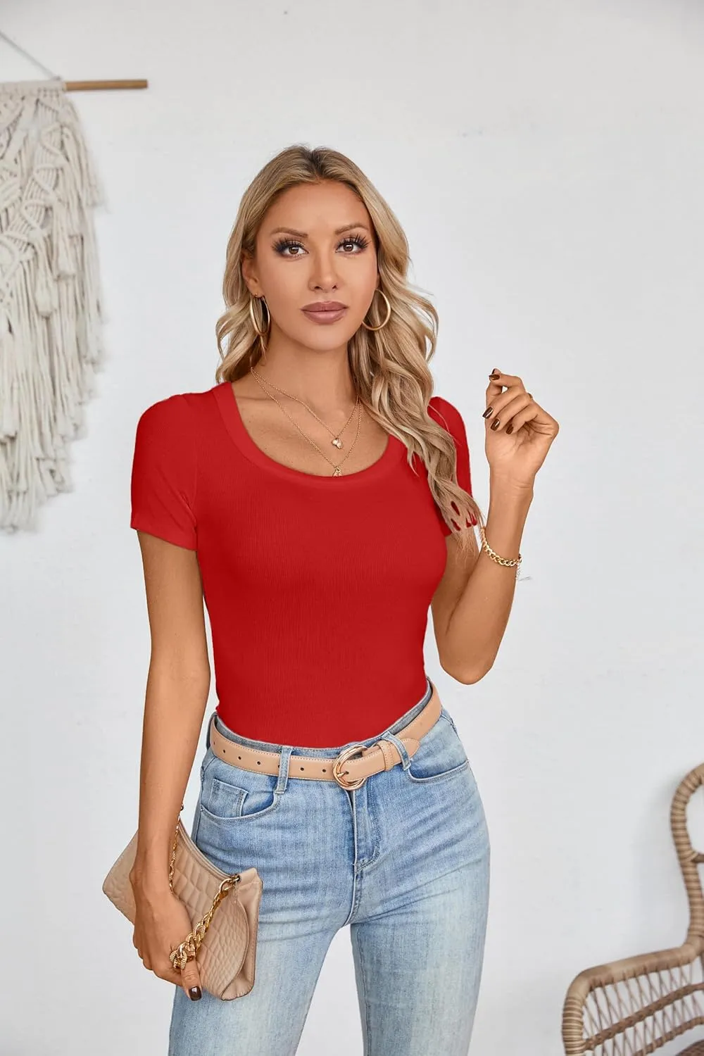 Areecin Womens Summer Tops Square Neck Cute Short Sleeve Going Out Tops Ribbed Knit Tee Tshirt