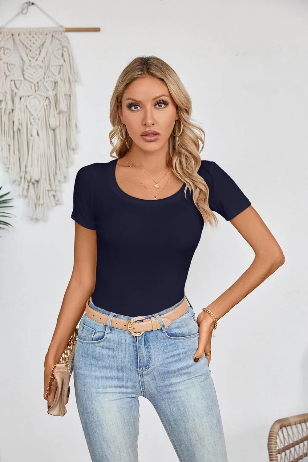Areecin Womens Summer Tops Square Neck Cute Short Sleeve Going Out Tops Ribbed Knit Tee Tshirt