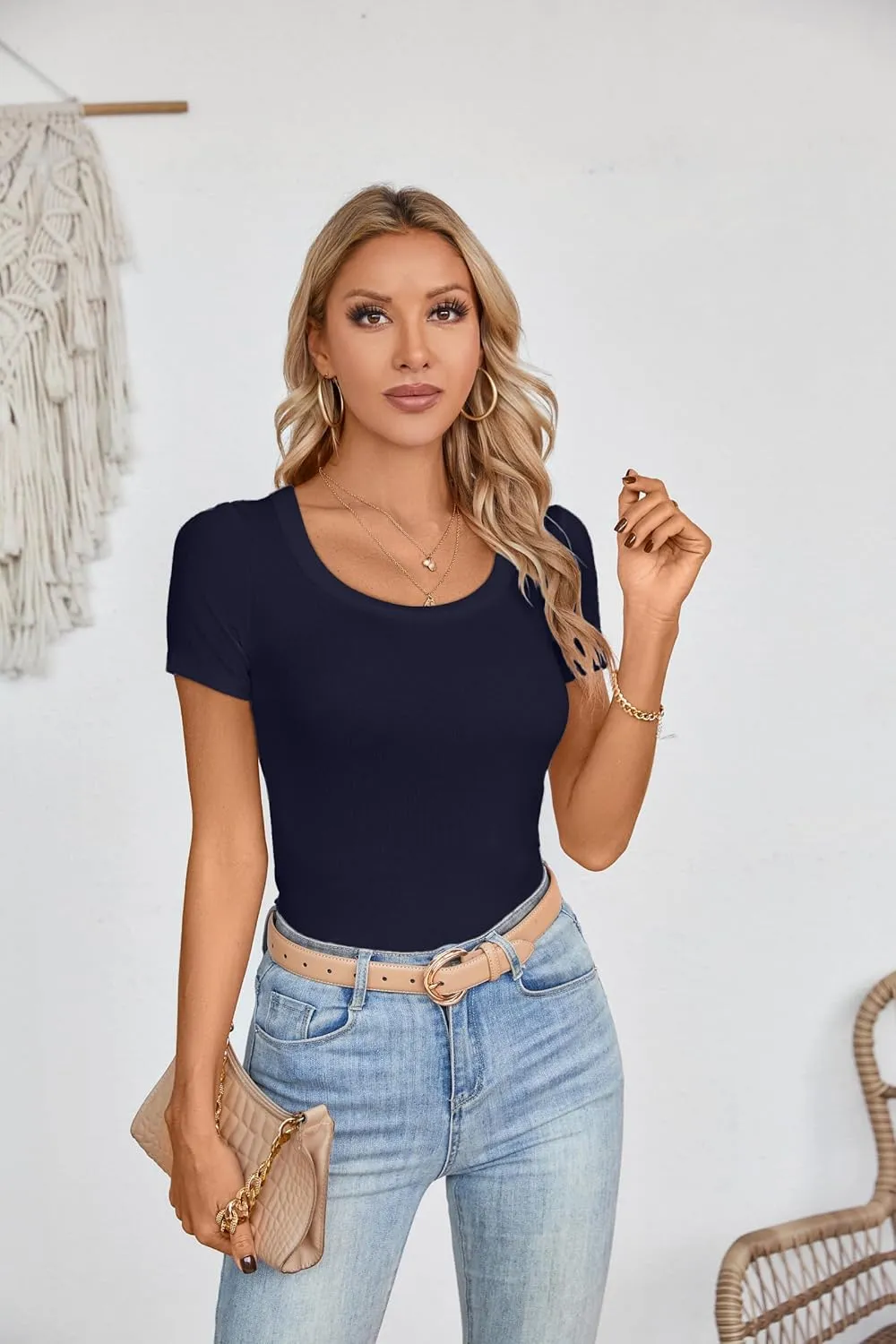 Areecin Womens Summer Tops Square Neck Cute Short Sleeve Going Out Tops Ribbed Knit Tee Tshirt