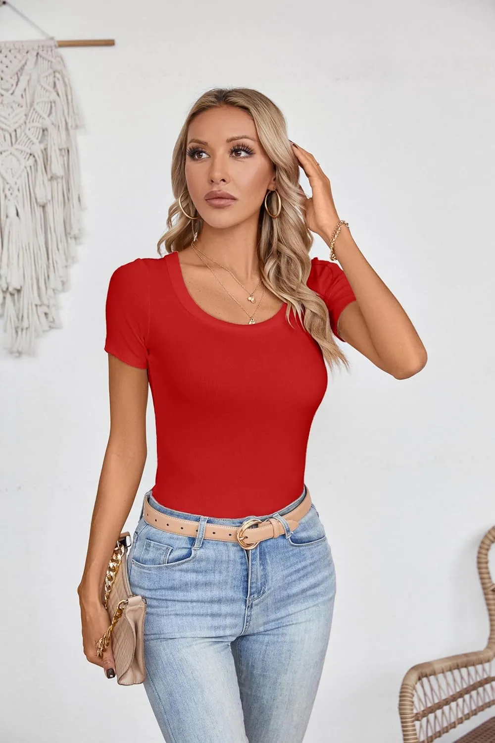 Areecin Womens Summer Tops Square Neck Cute Short Sleeve Going Out Tops Ribbed Knit Tee Tshirt