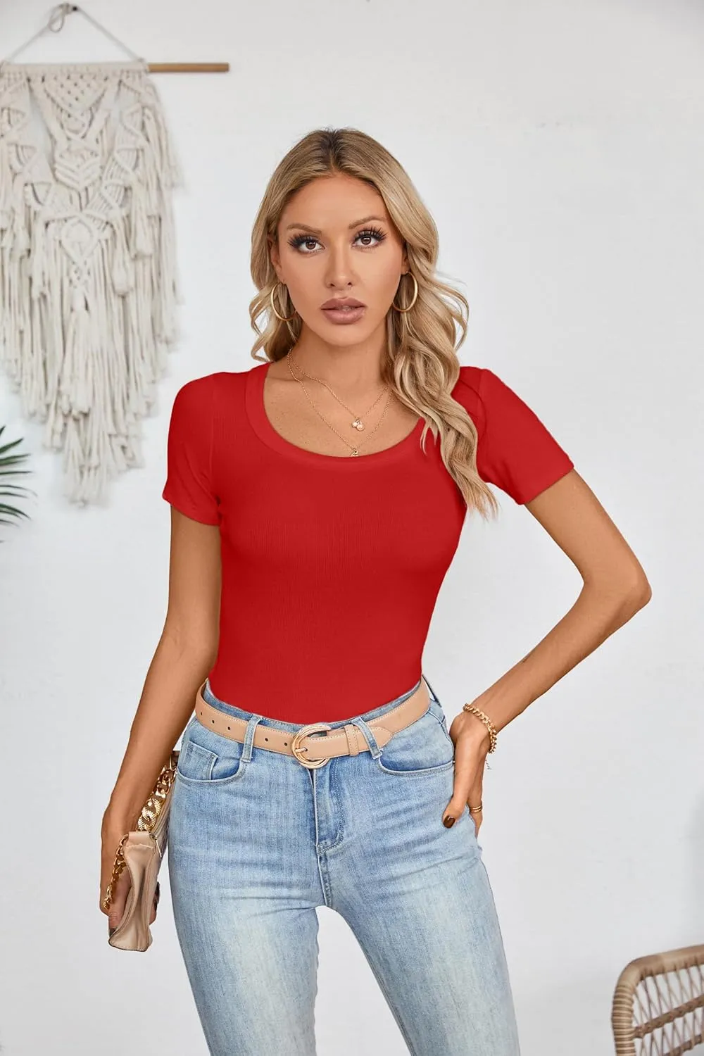 Areecin Womens Summer Tops Square Neck Cute Short Sleeve Going Out Tops Ribbed Knit Tee Tshirt