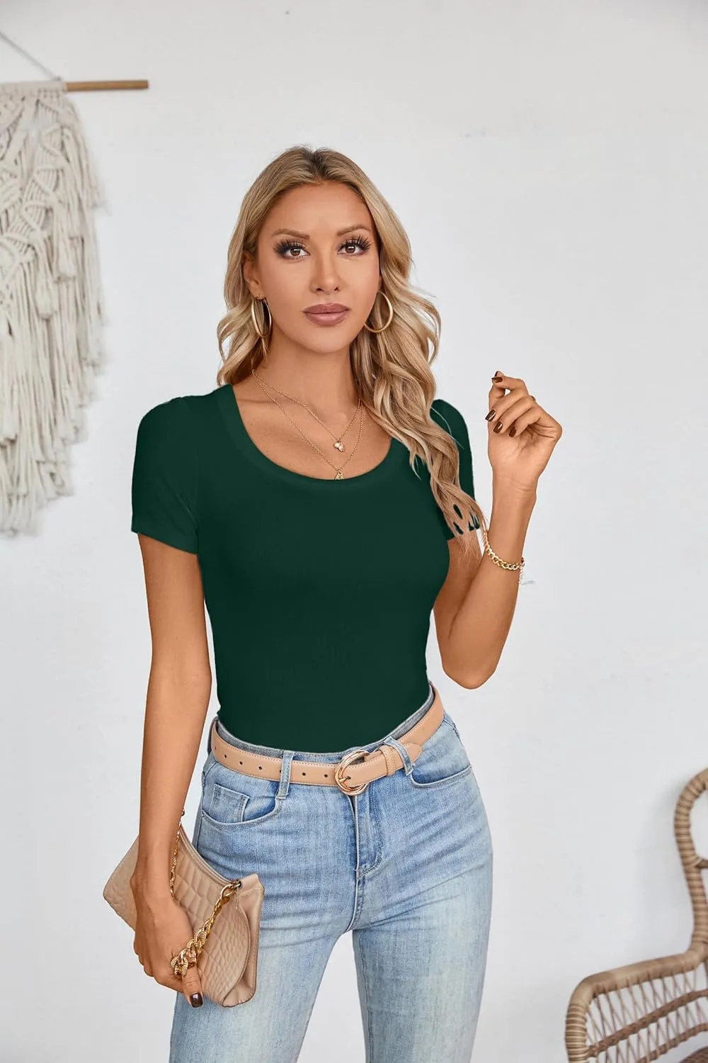 Areecin Womens Summer Tops Square Neck Cute Short Sleeve Going Out Tops Ribbed Knit Tee Tshirt