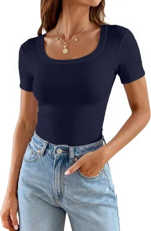 Areecin Womens Summer Tops Square Neck Cute Short Sleeve Going Out Tops Ribbed Knit Tee Tshirt
