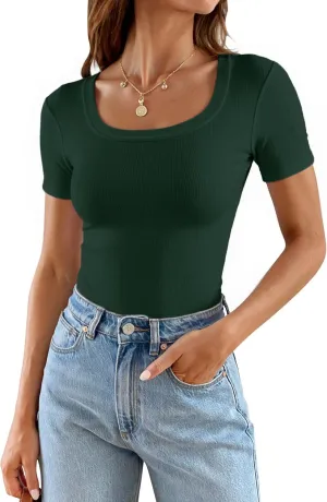 Areecin Womens Summer Tops Square Neck Cute Short Sleeve Going Out Tops Ribbed Knit Tee Tshirt