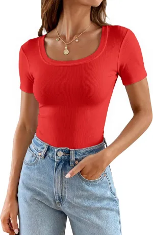 Areecin Womens Summer Tops Square Neck Cute Short Sleeve Going Out Tops Ribbed Knit Tee Tshirt