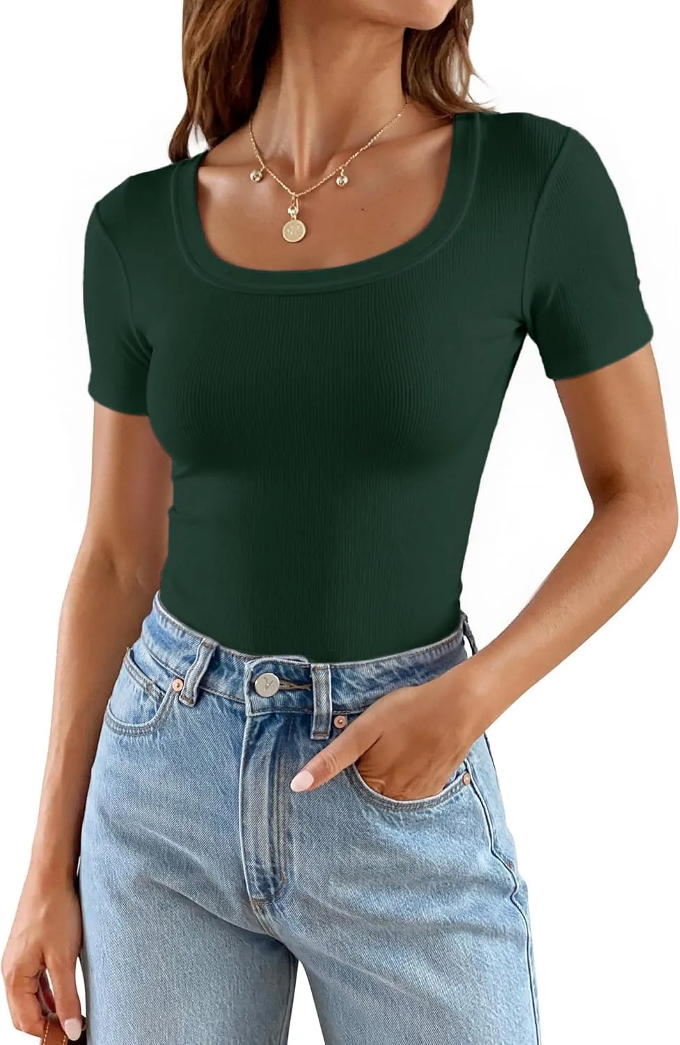 Areecin Womens Summer Tops Square Neck Cute Short Sleeve Going Out Tops Ribbed Knit Tee Tshirt