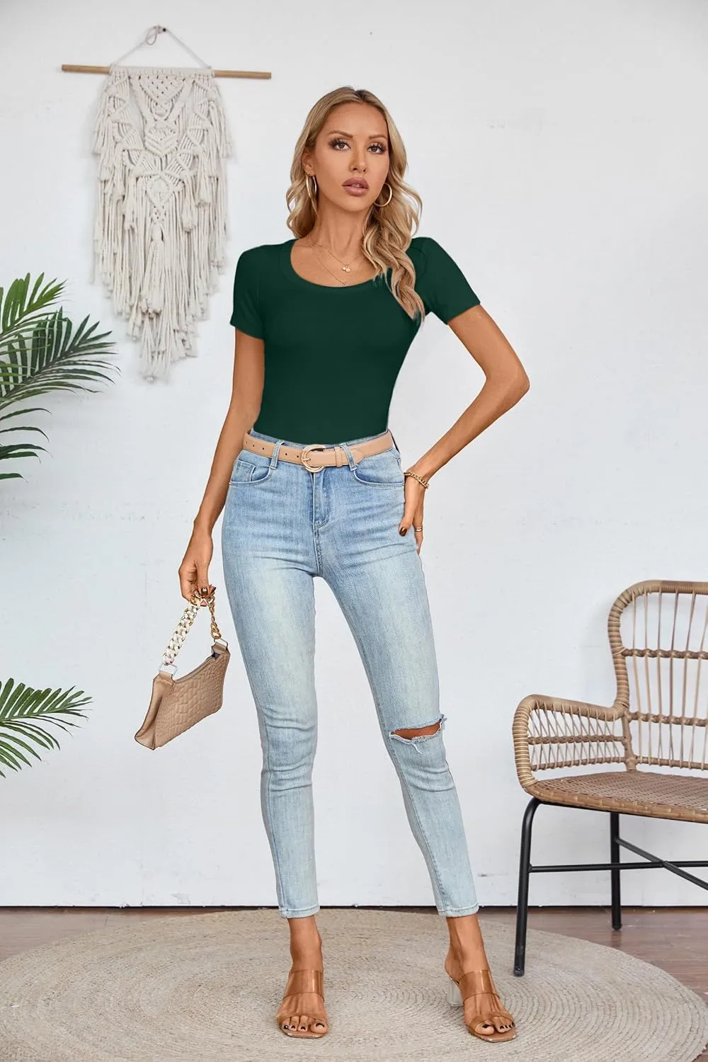 Areecin Womens Summer Tops Square Neck Cute Short Sleeve Going Out Tops Ribbed Knit Tee Tshirt