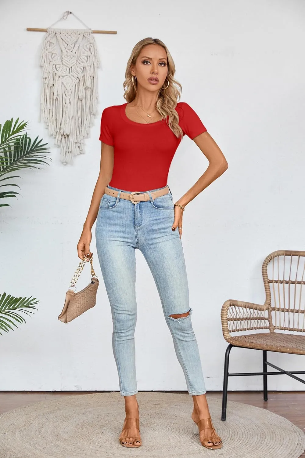 Areecin Womens Summer Tops Square Neck Cute Short Sleeve Going Out Tops Ribbed Knit Tee Tshirt