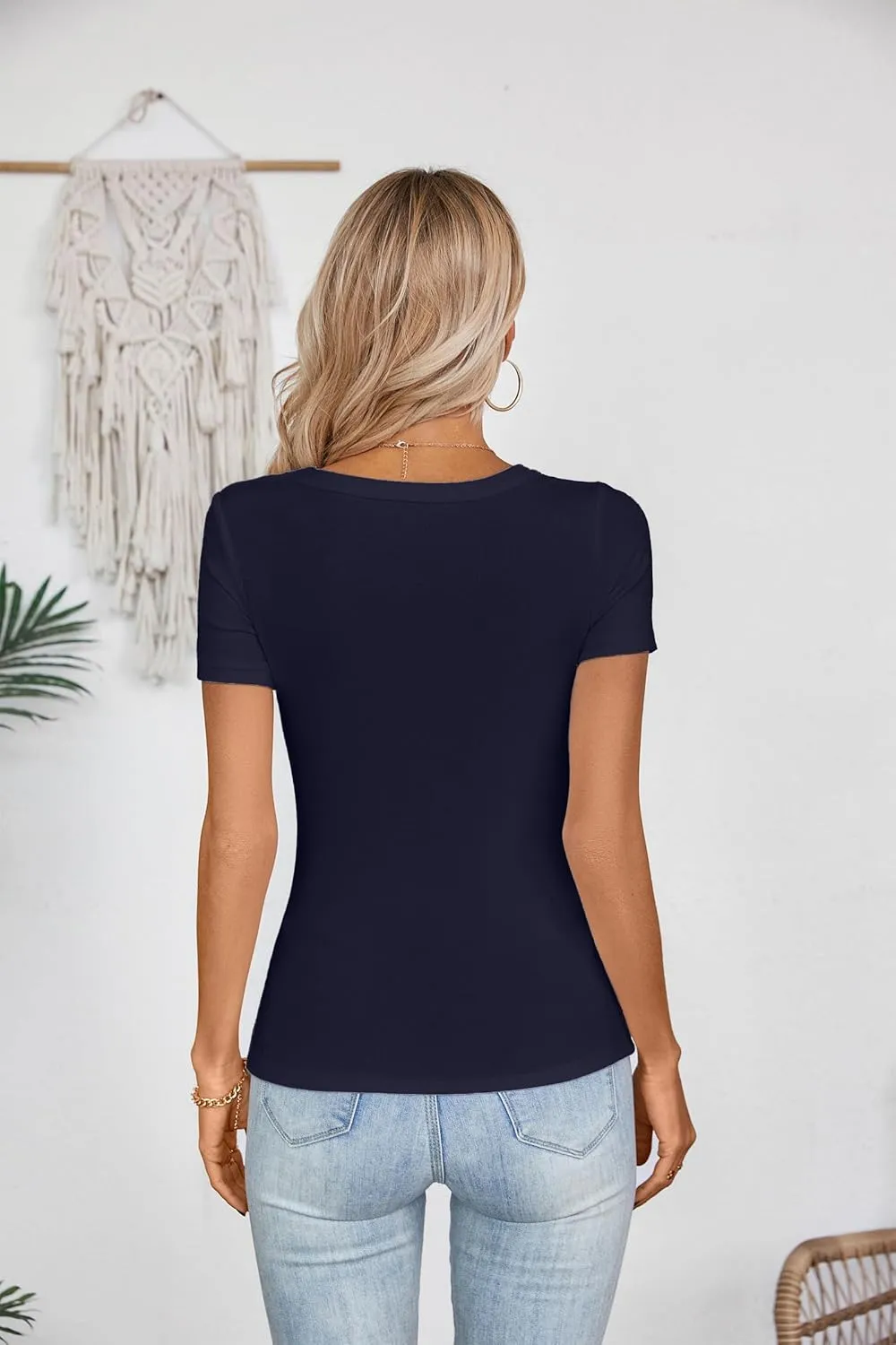 Areecin Womens Summer Tops Square Neck Cute Short Sleeve Going Out Tops Ribbed Knit Tee Tshirt