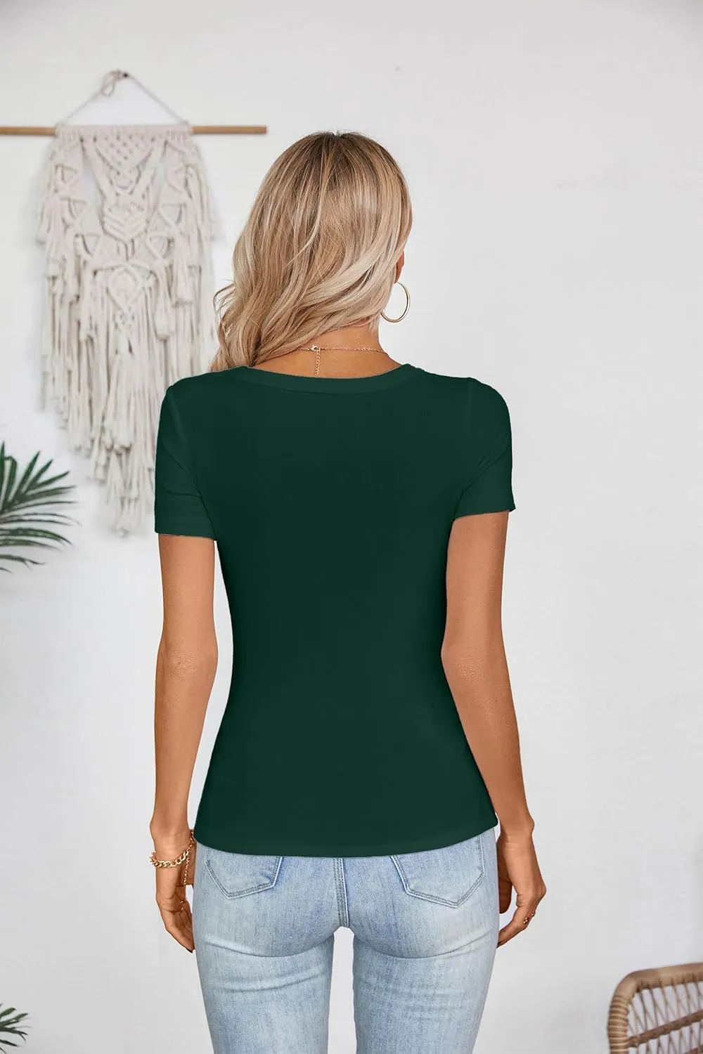 Areecin Womens Summer Tops Square Neck Cute Short Sleeve Going Out Tops Ribbed Knit Tee Tshirt