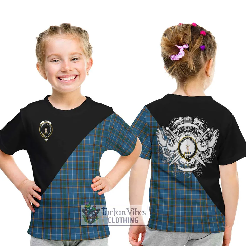 Bain Tartan Kid T-Shirt with Family Crest and Military Logo Style