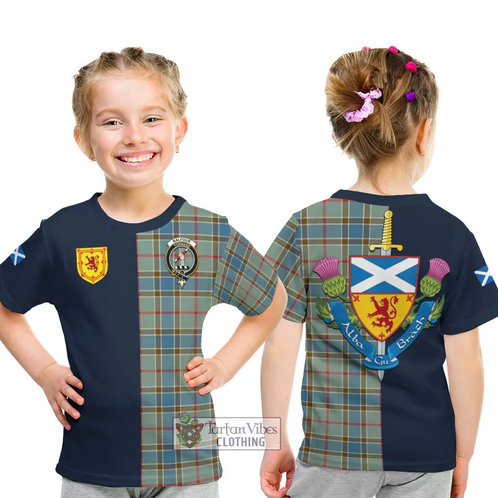 Balfour Blue Tartan Kid T-Shirt Alba with Scottish Lion Royal Arm Half Style