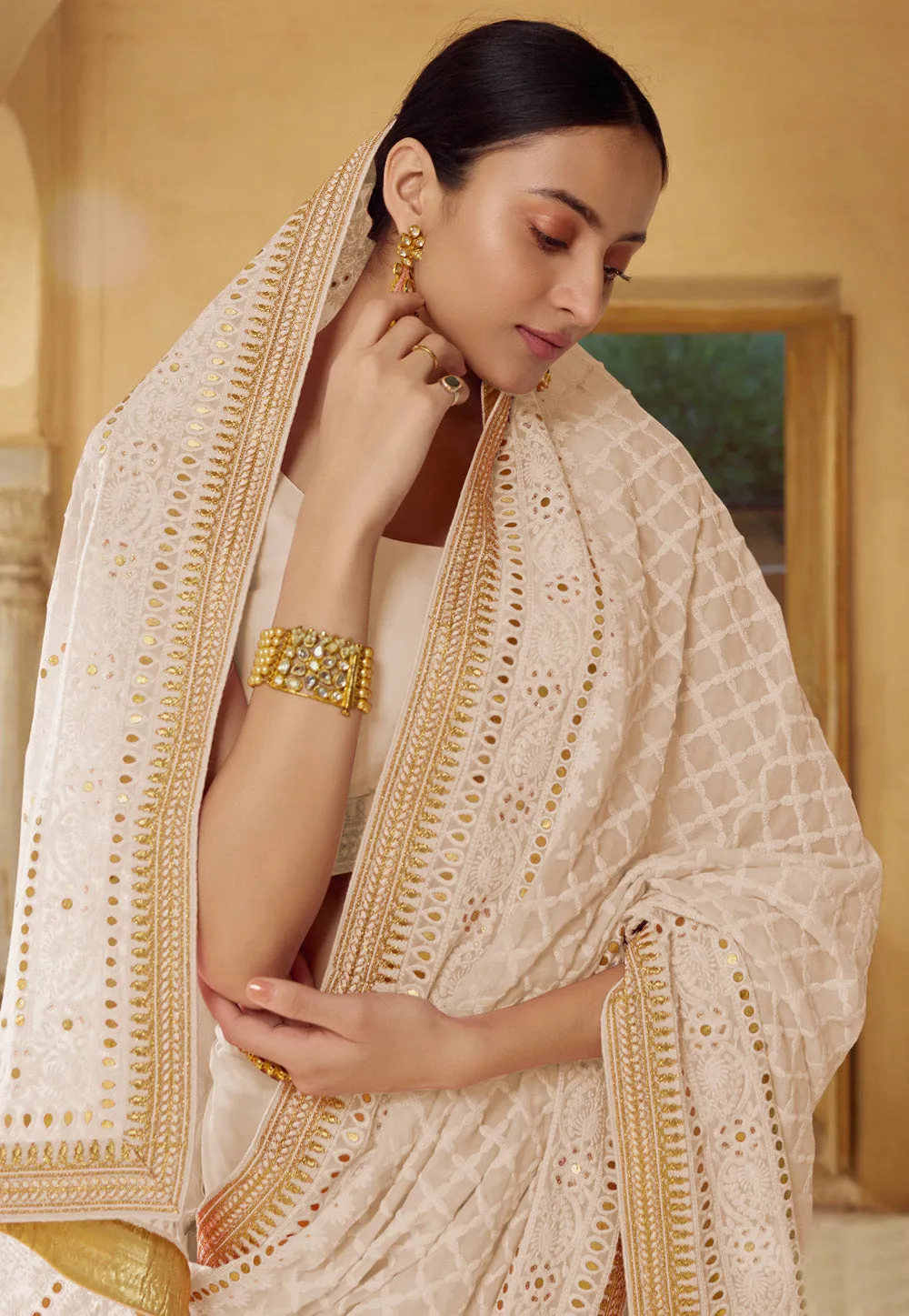 Beige Chikankari Embroidered Party Wear Saree