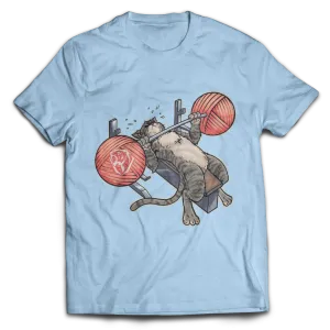 Benchpressing Tabby Cat Tee (Light Blue)