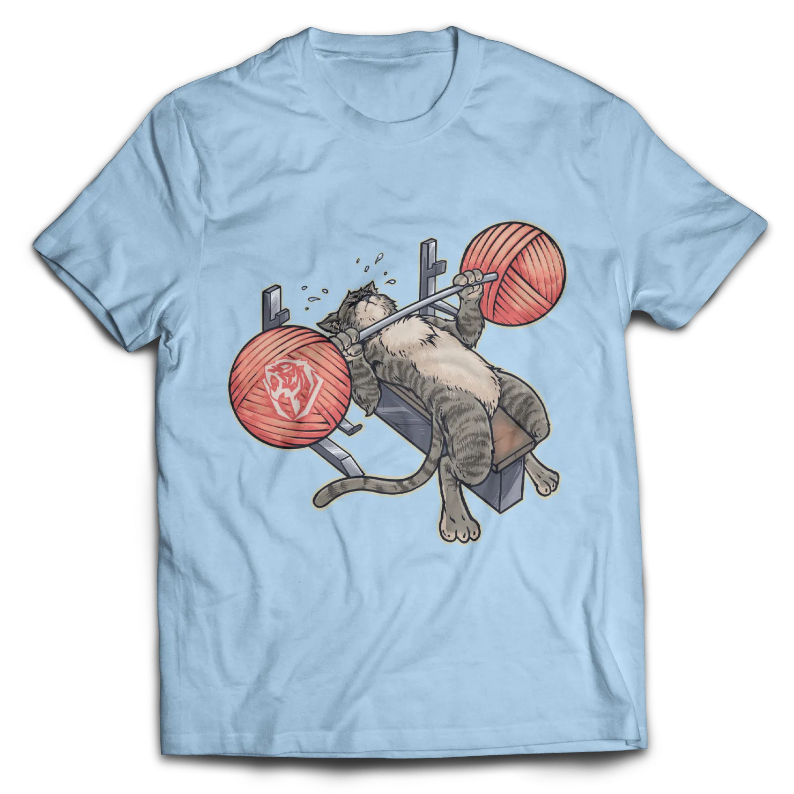 Benchpressing Tabby Cat Tee (Light Blue)
