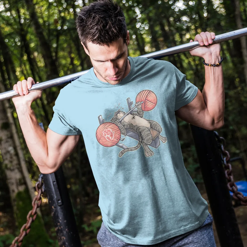 Benchpressing Tabby Cat Tee (Light Blue)