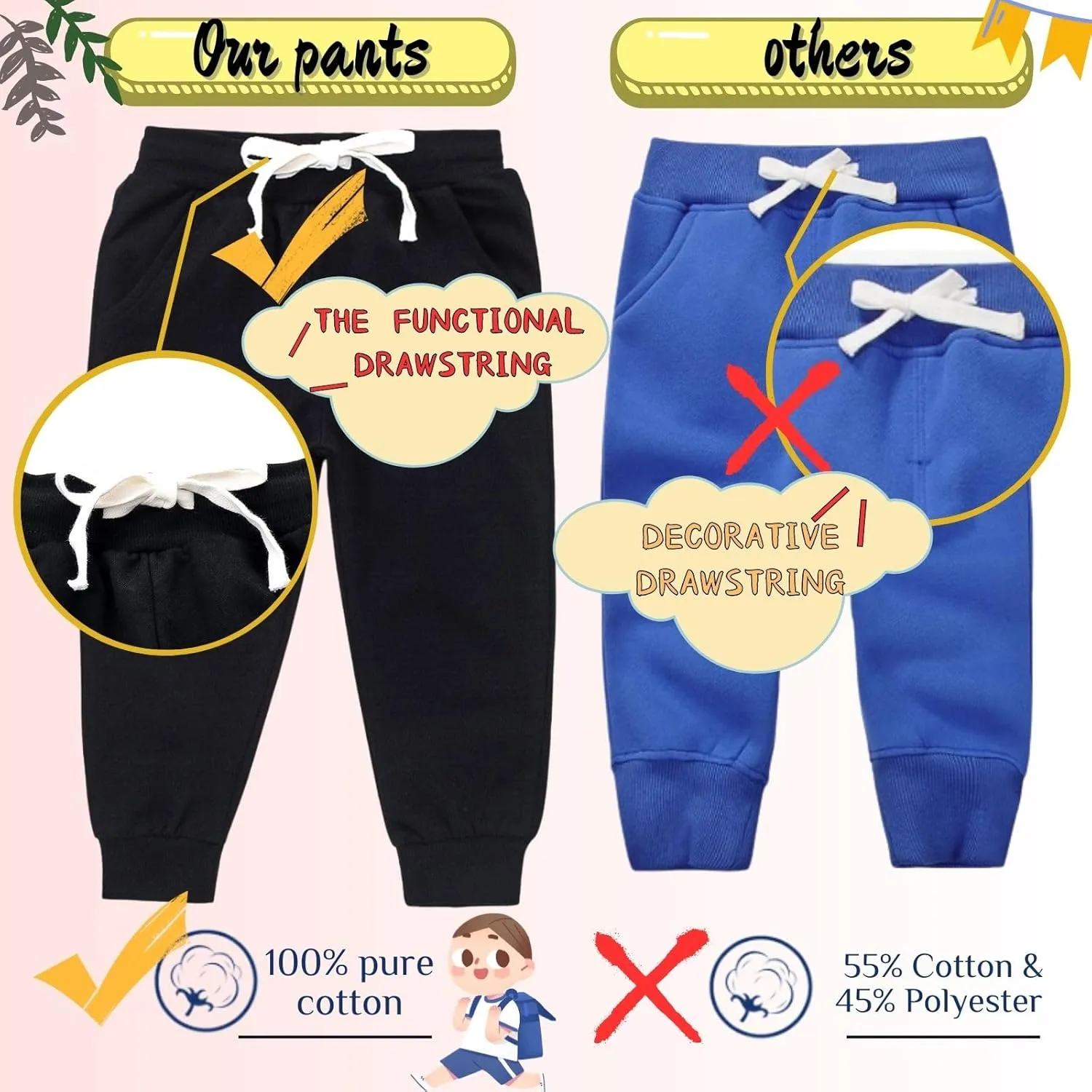 Boy's 2-Pack Pants, Toddler Cotton Pull on Jogger, Kids Dinosaur Drawstring Elastic Sweatpants