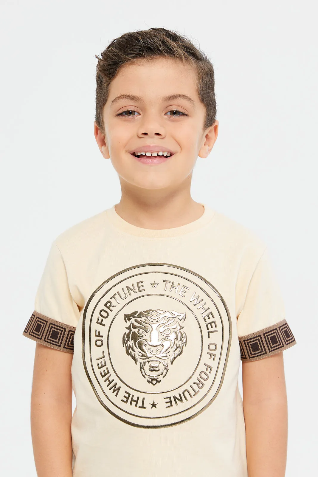 Boys Beige Foil Print Short Sleeve T-Shirt