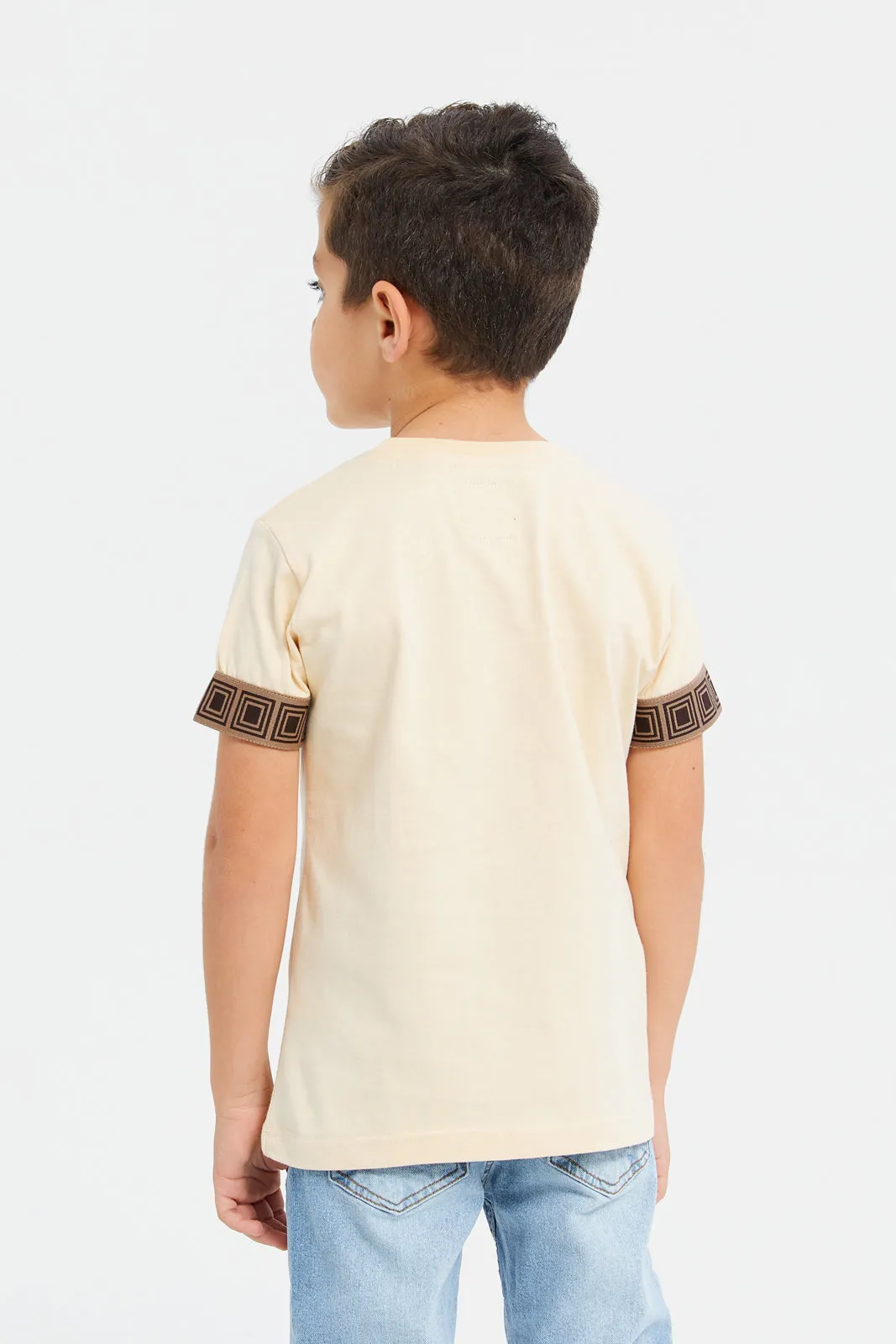 Boys Beige Foil Print Short Sleeve T-Shirt
