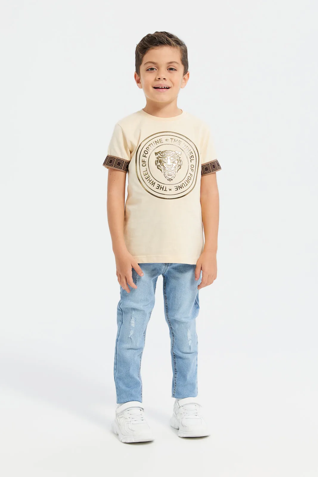 Boys Beige Foil Print Short Sleeve T-Shirt