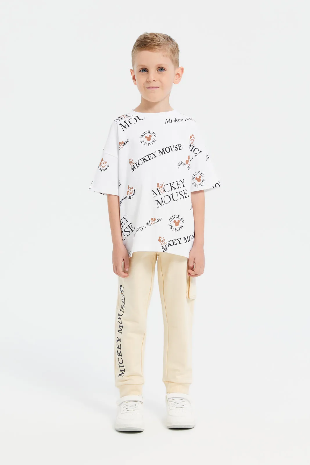 Boys White Printed Oversize Mickey Mouse T-Shirt