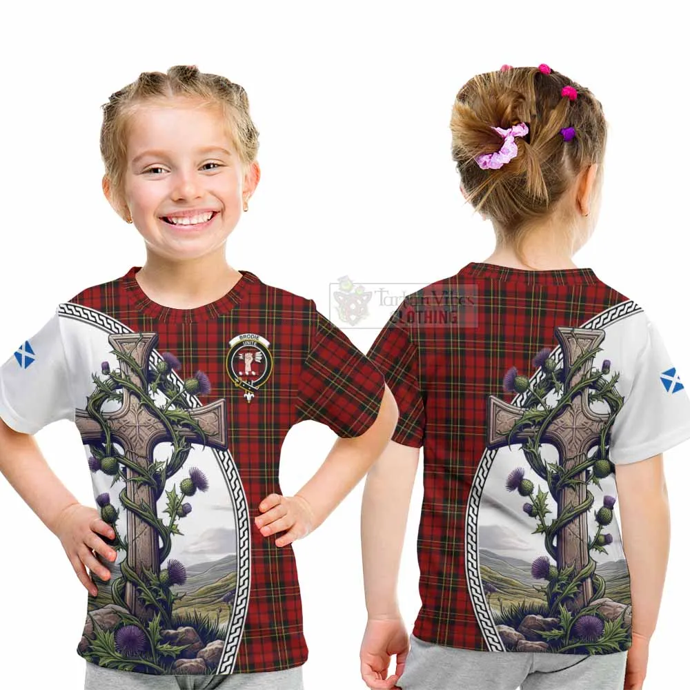 Brodie Tartan Kid T-Shirt with Family Crest and St. Andrew's Cross Accented by Thistle Vines