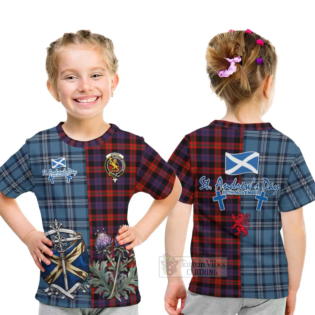 Brown (Broun) Tartan Kid T-Shirt Happy St. Andrew's Day Half Tartan Style