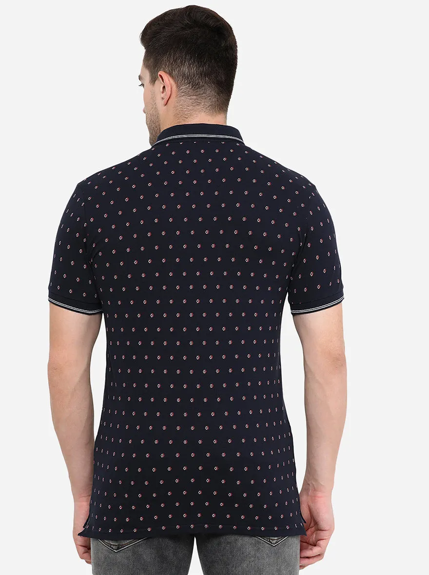 Dark Blue Printed Slim Fit Polo T-Shirt | JadeBlue