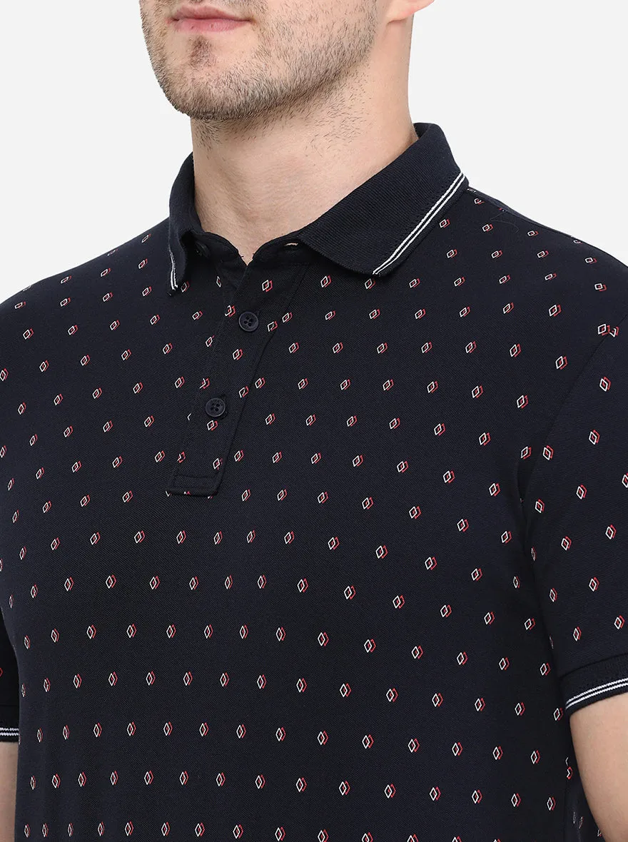 Dark Blue Printed Slim Fit Polo T-Shirt | JadeBlue