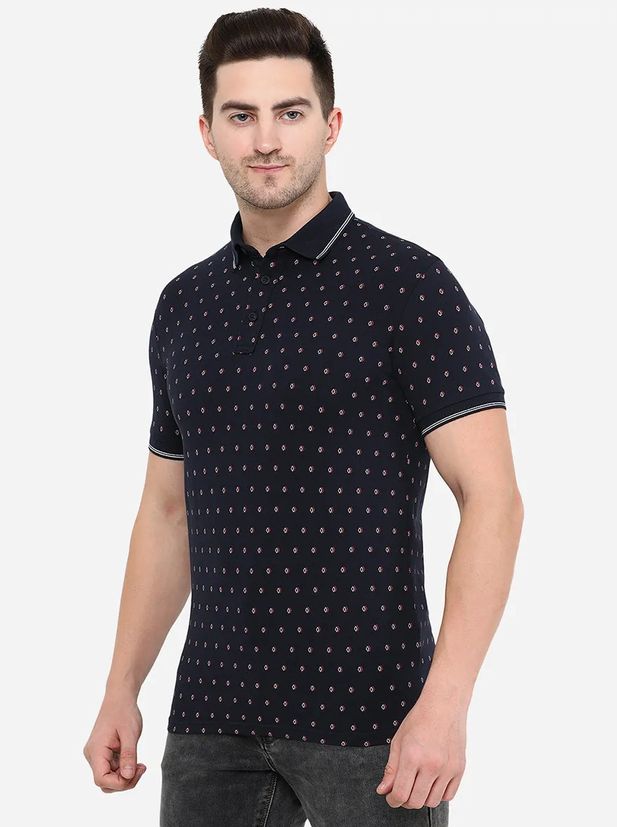 Dark Blue Printed Slim Fit Polo T-Shirt | JadeBlue