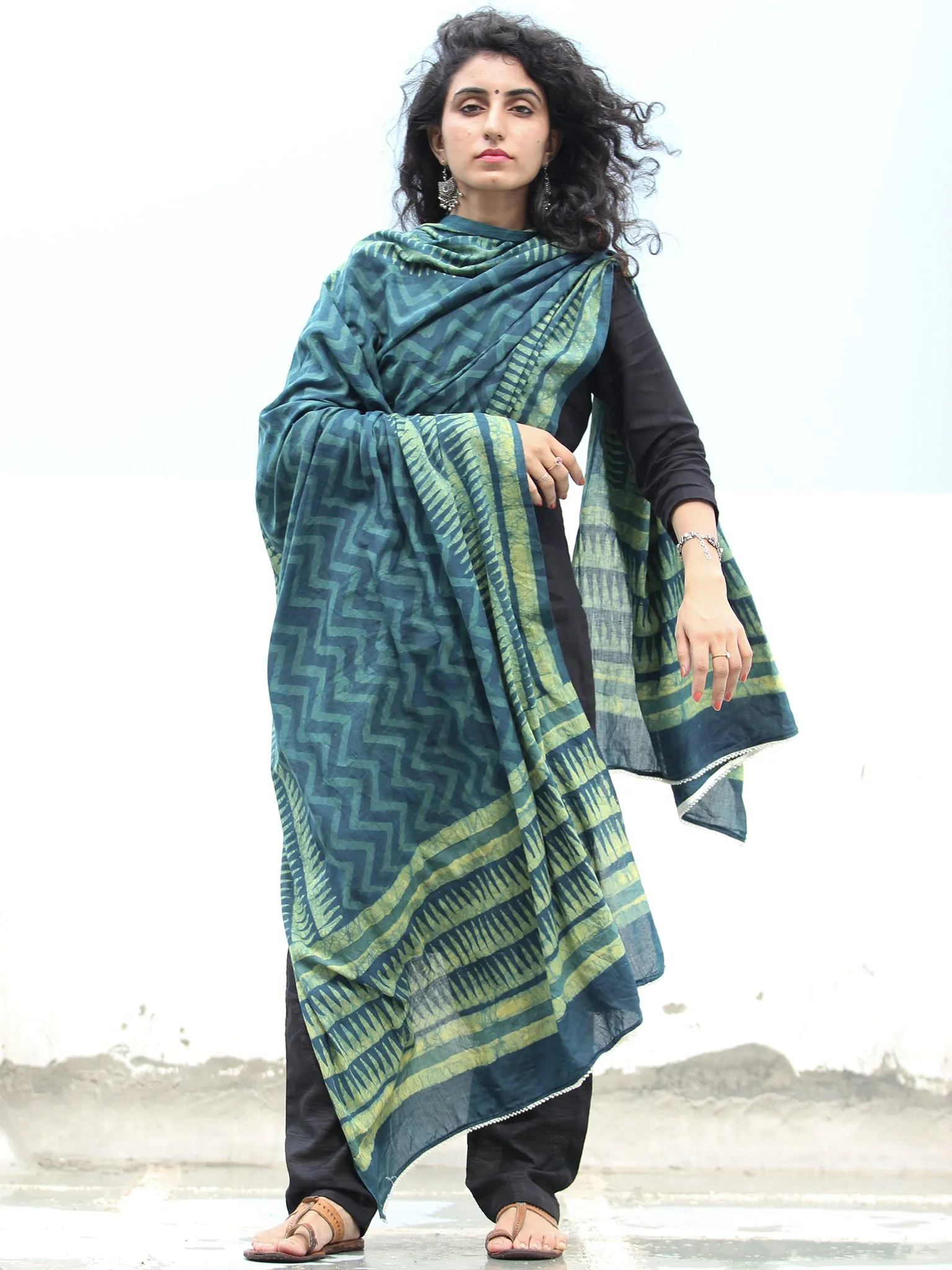 Deep Indigo Green Cotton Hand Block Printed Dupatta  - D04170409