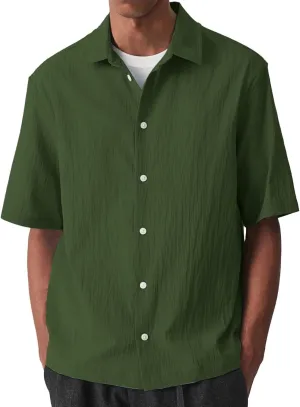 Fashion Button Down Solid Shirts for Men Casual Collared Textured Lightweight Cotton T-Shirt Summer Work Travel Tops