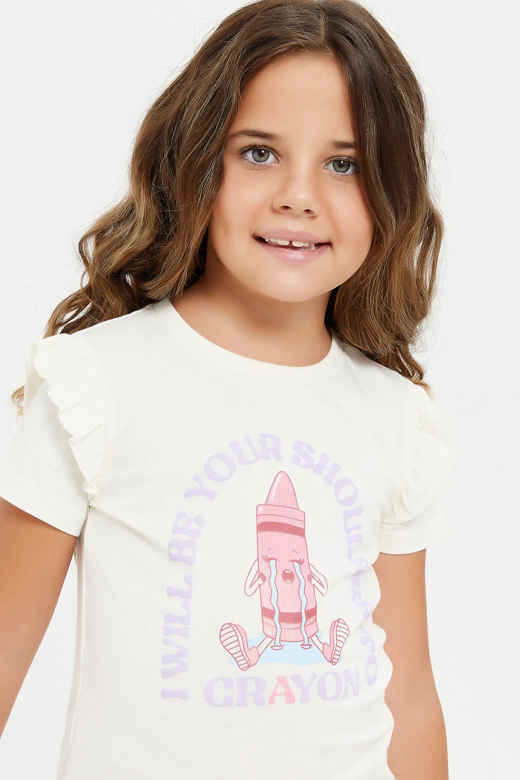 Girls White Printed Short Sleeve T-Shirt