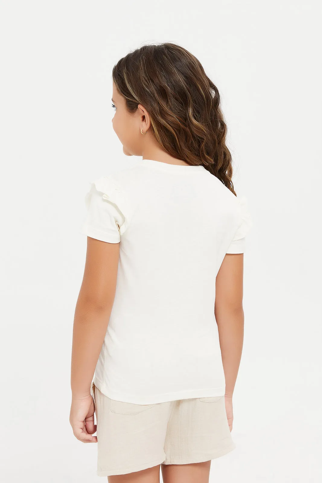 Girls White Printed Short Sleeve T-Shirt