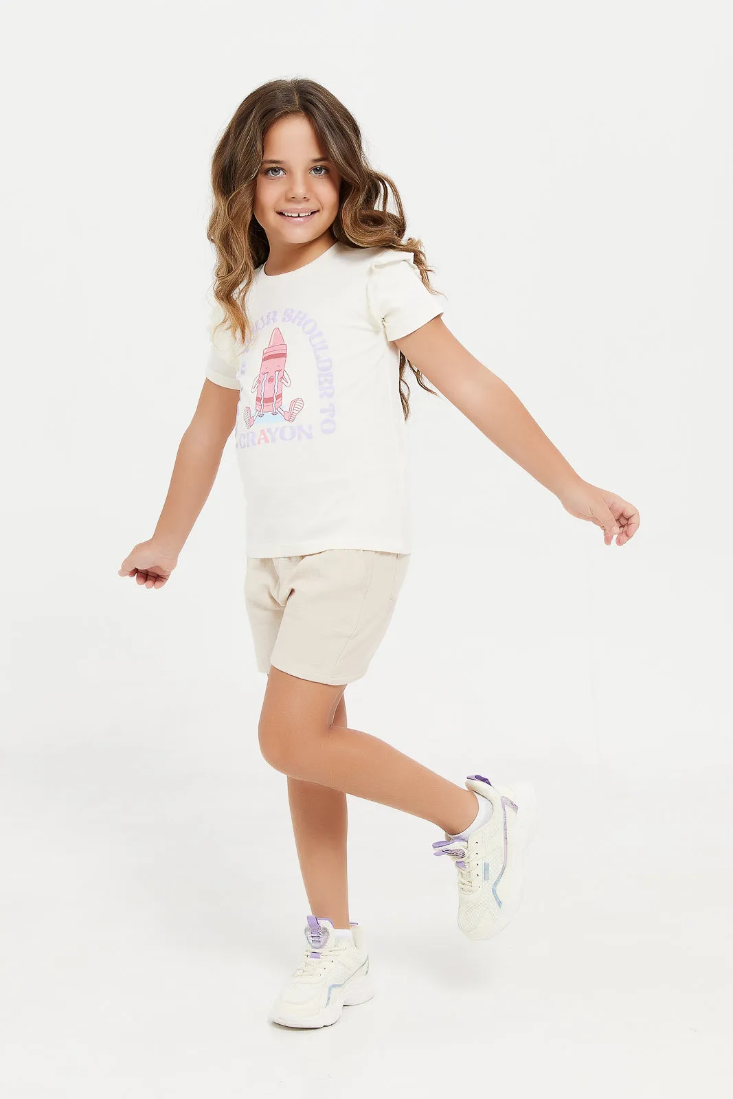 Girls White Printed Short Sleeve T-Shirt